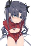  black_hair blush cleavage_cutout fate/stay_night fate_(series) fenrirr hair_ribbon highres jewelry looking_away meme_attire necklace open-chest_sweater ribbon sitting solo sweater toosaka_rin two_side_up v_arms 