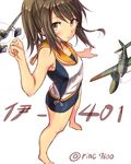  aircraft airplane brown_eyes brown_hair highres i-401_(kantai_collection) ichikawa_feesu kantai_collection long_hair looking_at_viewer m6a_seiran ponytail solo swimsuit 