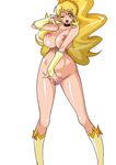  1girl areolae blonde_hair breasts censored cg choker cure_honey curvy earrings female female_masturbation hair_ornament hair_ribbon happinesscharge_precure! highres huge_breasts jewelry kneehighs long_hair masturbation navel nude oomori_yuuko open_mouth precure pussy raisuta ribbon shiny shiny_skin simple_background smile solo standing thigh_gap wavy_hair white_background wide_hips wink yellow_eyes 