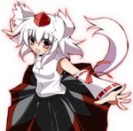  animal_ears bad_id bad_pixiv_id bare_shoulders blush breasts detached_sleeves fang happy hat inubashiri_momiji medium_breasts open_mouth red_eyes ribbon-trimmed_sleeves ribbon_trim saga_taichi short_hair silver_hair simple_background solo tail tokin_hat touhou white_background wolf_ears wolf_tail 