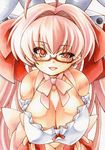  animal_ears blush breasts bunny_ears choker cleavage di_gi_charat dice dice_hair_ornament glasses hair_ornament huge_breasts long_hair looking_at_viewer marker_(medium) millipen_(medium) pink_hair red-framed_eyewear red_eyes simple_background slit_pupils smile solo traditional_media twintails uneven_eyes usada_hikaru white_background yutakasan-love 