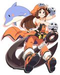  anchor animal ankle_boots bare_shoulders belt black_gloves blush boots breasts brown_hair dolphin fingerless_gloves full_body gloves go-gyan-sun grin guilty_gear guilty_gear_xrd hat highres long_hair looking_at_viewer may_(guilty_gear) orange_eyes orange_hat orange_shirt outline pants pirate_hat ponytail shirt sideboob silhouette skull skull_and_crossbones small_breasts smile solo 