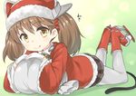  :q animal_ears bell blush boots brown_eyes brown_hair cat_ears cat_tail christmas gloves hat highres ice_skates jingle_bell kantai_collection long_hair looking_at_viewer lying on_stomach pantyhose ryuki_(ryukisukune) ryuujou_(kantai_collection) sack santa_costume scrunchie skates skirt smile solo tail tongue tongue_out twintails visor_cap white_gloves white_legwear 