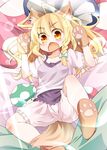  absurdres animal_ears big_bad_wolf big_bad_wolf_(cosplay) big_bad_wolf_(grimm) blonde_hair bloomers braid chemise cosplay dorowa_no_hito fangs gloves highres kirisame_marisa little_red_riding_hood lying mushroom on_back open_mouth paw_gloves paw_shoes paws pillow shirt shoes single_braid solo star star-shaped_pupils symbol-shaped_pupils tail touhou underwear wolf_ears wolf_tail yellow_eyes 