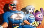  abs blue_eyes blush_stickers breasts captain_falcon cleavage cleavage_cutout f-zero helmet kirby kirby_(series) nintendo open-chest_sweater open_mouth pale_skin pi_(p77777778) super_smash_bros. sweater turtleneck wii_fit wii_fit_trainer 