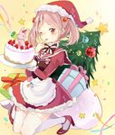  absurdres apron bad_id bad_pixiv_id bow bowtie bunny cake chiyu_(cotoritori) christmas christmas_tree dress food food_on_face fur_trim gift hair_bobbles hair_ornament hat highres kantai_collection licking licking_hand long_sleeves looking_at_viewer maid one_eye_closed pink_eyes pink_hair puffy_long_sleeves puffy_sleeves red_dress sack santa_costume santa_hat sazanami_(kantai_collection) solo star thighhighs twintails white_legwear zettai_ryouiki 