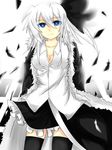  bad_id bad_pixiv_id black_legwear black_ribbon blue_eyes breasts character_request cleavage collarbone feathers hair_ornament hair_ribbon highres jacket kuro_wa_shinoru light_smile long_hair looking_at_viewer medium_breasts one_side_up original ribbon skirt solo thighhighs white_hair zettai_ryouiki 