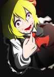  blonde_hair blood blood_in_mouth blood_on_face blurry depth_of_field hair_ribbon highres looking_at_viewer open_mouth red_eyes ribbon rumia short_hair skirt smile solo tenyunkel touhou 