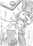  comic female_admiral_(kantai_collection) from_behind greyscale hair_spread_out hand_on_another's_head headwear_removed isuzu_(kantai_collection) kantai_collection kotatsu lying_on_person monochrome multiple_girls sleeping sweatdrop table tatsuta_(kantai_collection) translated tsukimi_50 twintails zzz 