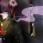  album_cover candle cover eyeball flower hair_flower hair_ornament hieda_no_akyuu highres japanese_clothes kimono purple_eyes purple_hair shadow short_hair smile smoke solo sooru0720 touhou 