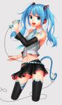  absurdres ai_kusunoki aqua_eyes blue_hair cat_tail detached_sleeves fish hatsune_miku headphones highres long_hair looking_at_viewer microphone midriff nail_polish navel necktie open_mouth skirt solo tail tattoo thighhighs twintails vocaloid 