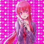  gasai_yuno hair_ribbon heart knife long_hair mirai_nikki nemuri_miyako pink_eyes pink_hair ribbon smile solo symbol_in_eye twintails yandere 