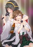  anti_(untea9) arm_around_neck blush bottle closed_eyes commentary_request drunk eyewear_on_head frilled_skirt frills glasses height_difference hiei_(kantai_collection) highres kantai_collection karaoke kirishima_(kantai_collection) microphone multiple_girls music open_mouth pinky_out plaid plaid_skirt ribbon-trimmed_sleeves ribbon_trim singing skirt smile 