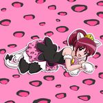  :d aino_megumi animal_ears bell black_legwear bow cat_ears cat_tail crown full_body gloves happinesscharge_precure! jingle_bell kemonomimi_mode lying niita on_side open_mouth panther_pink_(precure) pantyhose pink_background pink_eyes pink_hair pink_skirt precure short_hair skirt smile solo tail 