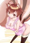  airi_rei animal_ears antenna_hair apron bad_id bad_pixiv_id black_legwear blazblue bottomless breast_hold breasts brown_eyes brown_hair cleavage frilled_apron frills highres large_breasts leaning_forward makoto_nanaya multicolored_hair naked_apron short_hair sideboob solo squirrel_ears squirrel_tail tail thighhighs two-tone_hair 
