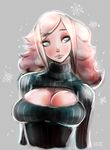  bad_source blue_eyes breasts cleavage cleavage_cutout large_breasts meme_attire open-chest_sweater ribbed_sweater signature solo sweater xpisigma 