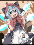  adapted_costume apron basket blue_eyes blue_hair blush bow capelet cirno commentary cosplay do_(4-rt) fang food hair_bow hood ice ice_wings little_red_riding_hood little_red_riding_hood_(grimm) little_red_riding_hood_(grimm)_(cosplay) open_mouth popsicle red_capelet shirt skirt skirt_set solo touhou tsurime waist_apron wings 