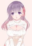  bad_id bad_pixiv_id bangs breasts cleavage fate/stay_night fate_(series) hair_ribbon highres large_breasts long_hair matou_sakura meme_attire open-chest_sweater parted_lips pink_background purple_eyes purple_hair ribbed_sweater ribbon ro96cu solo sweater turtleneck 
