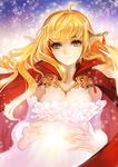  blonde_hair blue_eyes breasts cape cleavage demon_girl detached_sleeves fairy highres light light_particles light_smile long_hair magic medium_breasts original rain_yoo solo succubus 