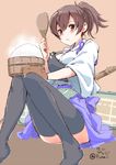  :&lt; black_legwear blush brown_eyes brown_hair bucket dated gloves hakama_skirt kaga_(kantai_collection) kantai_collection muneate ohitsu pureji_oshou rice rice_spoon short_hair side_ponytail sitting solo tasuki thighhighs twitter_username 