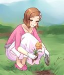  aroma_lady_(pokemon) bangs blush bob_cut brown_hair flower gardening gloves hair_flower hair_ornament monorus pokemon pokemon_(game) pokemon_oras short_hair smile solo squatting swept_bangs trowel white_gloves 