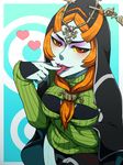  blue_skin breasts finger_licking heart hearts licking lipstick makeup midna midna_(true) nintendo open-chest_sweater orange_hair red_eyes solo spoilers the_legend_of_zelda the_legend_of_zelda:_twilight_princess tongue tongue_out twili_midna twilight_princess yaruse_nai_(minri) yellow_sclera 