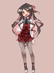  black_hair breasts fang front-seamed_legwear hair_ribbon kantai_collection katuu large_breasts long_hair multicolored_hair naganami_(kantai_collection) open_mouth oppai_loli pantyhose pink_hair ribbon school_uniform seamed_legwear skirt solo 