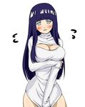  1girl artist_request blush breasts cleavage cleavage_cutout embarrassed hime_cut hyuuga_hinata iwaserie lavender_eyes naruto open-chest_sweater purple_hair shirt_pull sweater turtleneck 