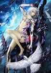 absurdres bad_id bad_pixiv_id bare_shoulders bird center_opening highres long_legs original pink_eyes science_fiction short_hair silver_hair solo solru 