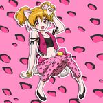  animal_ears bell bracelet brown_hair cat_ears cat_tail fresh_precure! full_body jewelry jingle_bell kemonomimi_mode momozono_love niita panther_pink_(precure) pants pink_background pink_eyes pink_pants pink_vest precure shoes short_hair short_twintails smile solo tail twintails vest 