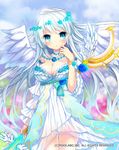  :o angel_wings bare_shoulders blush breasts cleavage detached_sleeves green_eyes highres juke large_breasts long_hair looking_at_viewer see-through solo thigh_gap unmei_no_clan_battle white_hair wings 