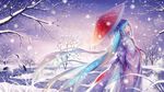  absurdly_long_hair aqua_eyes aqua_hair bare_tree bird crane_(animal) from_side hatsune_miku japanese_clothes kimono long_hair oriental_umbrella outdoors snow snowflake_print snowing solo tidsean tree uchikake umbrella very_long_hair vocaloid winter yuki_miku 