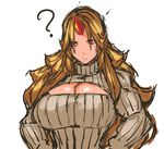  ? blonde_hair breasts cleavage cleavage_cutout commentary_request horn hoshiguma_yuugi large_breasts long_hair meme_attire nameo_(judgemasterkou) open-chest_sweater red_eyes ribbed_sweater simple_background sketch solo star sweater touhou turtleneck upper_body white_background 