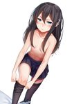  3: black_hair black_legwear blue_eyes blush collarbone dressing flat_chest hair_censor long_hair looking_at_viewer navel original ray-akila ray_littlechamber simple_background skirt solo thighhighs topless v-shaped_eyebrows white_background 