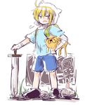  =_= adventure_time ahoge backpack bag bandages blonde_hair bmo carrying character_name finn_the_human hood jake_the_dog kenoka open_mouth shelby_(adventure_time) shorts smile sword weapon worms 