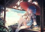  blue_hair cirno embellished_costume flower heterochromia karakasa_obake long_sleeves open_mouth orita_enpitsu rainbow red_eyes sandals short_hair sitting smile solo tatami tatara_kogasa thighhighs touhou umbrella water white_legwear zettai_ryouiki 