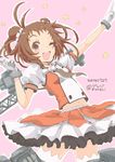  2014 :d antenna_hair blush bow breasts brown_eyes brown_hair dated double_bun frilled_skirt frills gloves kantai_collection midriff naka_(kantai_collection) navel necktie one_eye_closed open_mouth outstretched_arm pink_background pointing pointing_forward pureji_oshou skirt small_breasts smile solo star thighhighs twitter_username white_background zettai_ryouiki 