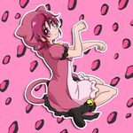  aida_mana bare_legs bell boots cat_tail dokidoki!_precure flipped_hair full_body hood jacket jingle_bell niita panther_pink_(precure) paw_pose pink_background pink_eyes pink_hair precure short_hair skirt smile solo tail 