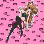  animal_ears bell black_legwear blue_eyes bow brown_hair cat_ears cat_tail crop_top full_body high_heels houjou_hibiki jingle_bell kemonomimi_mode long_hair midriff niita panther_pink_(precure) pink_background pink_skirt precure shoes sitting skirt smile solo suite_precure tail thighhighs two_side_up 