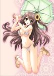  bikini brown_eyes brown_hair flower hair_flower hair_ornament kimizuka_aoi long_hair original ribbon-trimmed_swimsuit ribbon_trim sunflower sunflower_hair_ornament swimsuit umbrella 