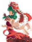  absurdres adapted_costume backlighting bare_shoulders breasts closed_eyes dress frilled_ribbon frills front_ponytail green_eyes hair_ribbon highres kagiyama_hina large_breasts profile red_dress ribbon sideboob simple_background solo touhou upper_body white_background zxmpcf 