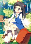  arm_support backpack bag black_hair blush bow bowtie bush child collar hair_ornament highres kantoku_(style) kawai long_sleeves moss necktie original plant pot potted_plant purple_eyes railing randoseru school_uniform sitting socks stairs tree uniform yellow_neckwear 