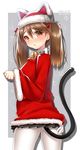  animal_hat bell blush brown_eyes brown_hair cat_hat cat_tail eyebrows_visible_through_hair gloves hat hattori_masaki heart heart-shaped_pupils highres kantai_collection long_hair long_sleeves looking_at_viewer pantyhose ryuujou_(kantai_collection) santa_costume single_glove skirt solo symbol-shaped_pupils tail torn_clothes torn_legwear twintails white_gloves white_legwear wide_sleeves 