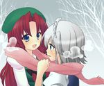  blue_eyes blush bow braid breath gradient gradient_background grey_background hair_bow haruta_(806060) highres hong_meiling izayoi_sakuya maid_headdress morishima_kon multiple_girls open_mouth parted_lips pink_scarf red_hair scarf shared_scarf silver_hair smile touhou tree twin_braids 