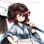  androgynous anmita_(rarutos) apron bad_id bad_twitter_id blush hakama helmet japanese_clothes katano_sukune katano_sukune's_bottle_opener len'en one_eye_closed open_mouth red_eyes red_hair short_hair skirt smile solo weapon 