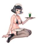  apron arutera bad_id bad_pixiv_id banned_artist bikini black_hair blush breasts detached_collar drink food high_heels highres ice_cream ice_cream_float large_breasts maid maid_headdress melon_soda original short_hair sitting skindentation solo swimsuit thighhighs tray wariza white_background 