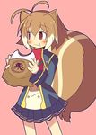  :t alternate_costume animal_ears antenna_hair blazblue blush brown_eyes brown_hair eating food makoto_nanaya multicolored_hair oversized_object pleated_skirt school_uniform short_hair skirt solo squirrel_ears squirrel_tail tail two-tone_hair yoshioto 