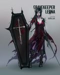  black_hair chain coffin cross dress flower league_of_legends leona_(league_of_legends) red_dress red_eyes rose shield shilin solo sword thorns weapon 