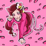  all_fours animal_ears cat_ears cat_tail full_body hanasaki_tsubomi heartcatch_precure! kemonomimi_mode long_hair niita panther_pink_(precure) pants paw_pose pink pink_background pink_eyes pink_hair pink_pants precure shirt solo tail twintails 