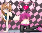  all_fours animal_ears bell black_legwear blue_eyes bow brown_hair cat_ears cat_tail checkered checkered_background crop_top full_body gen_(renoir1124) heart heart_tail high_heels houjou_hibiki jingle_bell kemonomimi_mode long_hair miniskirt panther_pink_(precure) paw_pose pink_skirt precure skirt smile solo suite_precure tail thighhighs two_side_up wrist_cuffs zettai_ryouiki 